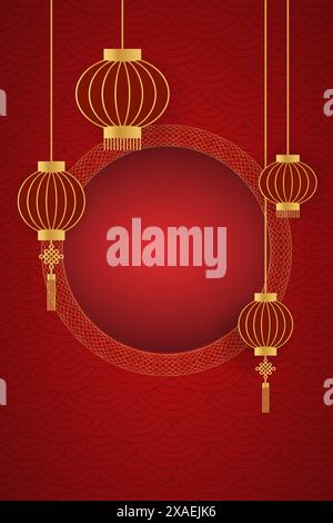 Red frame with gold frame and lantern, and pattern on background Chinese New Year 2025 template, greeting card, banner Stock Vector