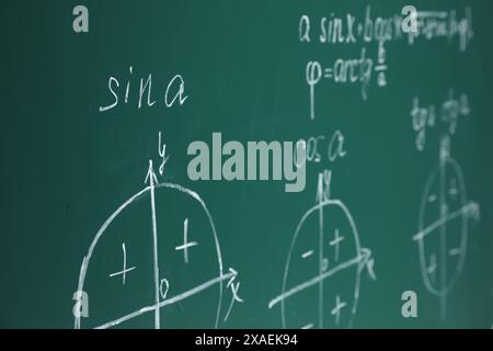 Many different math formulas written on chalkboard Stock Photo