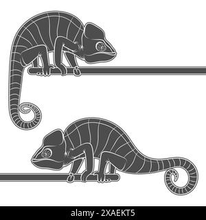 Set of black and white illustrations with chameleon. Isolated vector object on white background. Stock Vector