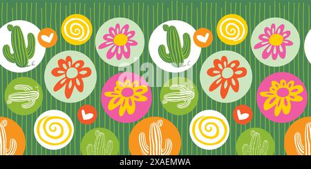 Vector green cute cactus and daisy flowers horizontal border pattern with circles and stripes. Suitable for posters and greeting cards. Stock Vector