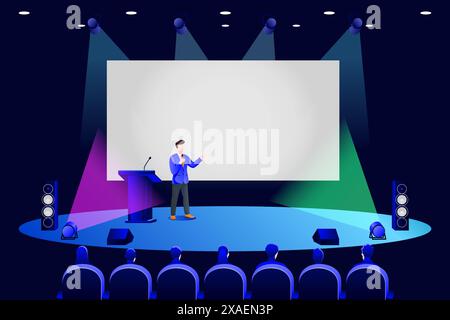 People at seminar in conference hall. Vector illustration. Professional speaker coach speaks to audience stands at presentation screen in dark auditor Stock Vector