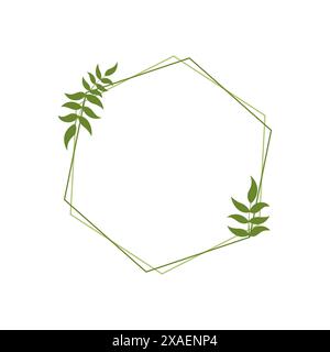 Hexagon botanical frame with leaves. Minimalist decorative foliage borders isolated vector illustration. Stock Vector