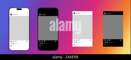 Post Instagram feed frame mockup with Iphone 15 smartphone mock up template design vector in light mode and dark mode  Stock Vector