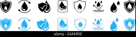 Waterproof icon set in flat style. Water and Dust, liquid proof protection, Shield with water drop, Water Proof Stock Vector