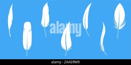 Set of black feather in a flat style. Set of bird feather. Pen vector icons. Black quill feather silhouette.  Stock Vector