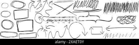 Grunge charcoal scribble stripes, emphasis arrows, handdrawn doodle bold shapes.  Stock Vector