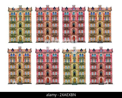 multi-storey vintage houses isolated on white background Stock Photo