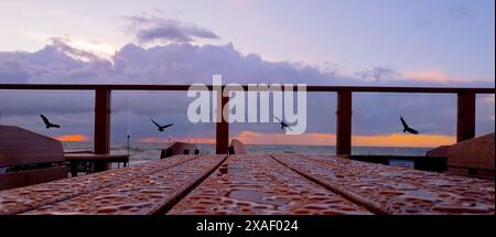 cafe table in raindrops on the background of the Baltic Sea Stock Photo