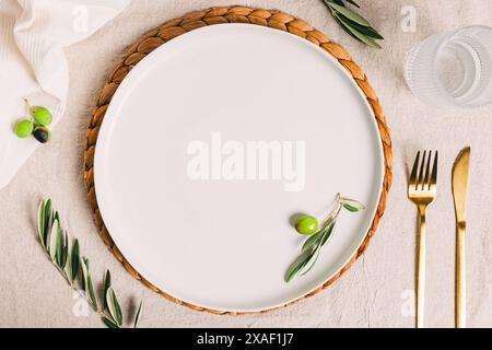 Empty stoneware dinner platte and small green olive branches, elegant table setting top view, template for product placement Stock Photo