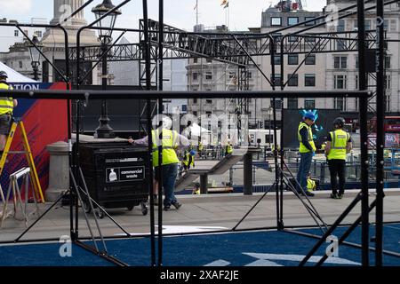 London, UK. 5th June, 2024. Trafalgar Square is currently closed to visitors as the Mayor of London has sanctioned the MLB London Series Takeover there. Baseball fans who don't have tickets for the London Stadium will be able to watch the baseball games on big wide screens there between 7th-9th June. Credit: Maureen McLean/Alamy Live News Stock Photo