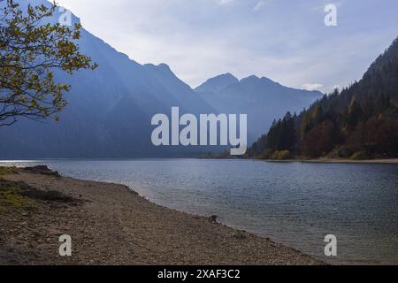 panoramic photo of Julian Alps mountains above Predil lake in Italy with sandy coastline and tree on foreground on sunny autumn day Stock Photo