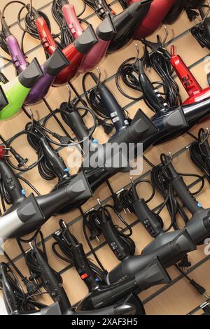 Hairdresser Tools For Hairdressing on white background. Hairdryer And Hairdresser Equipment. Professional Accessories Stock Photo
