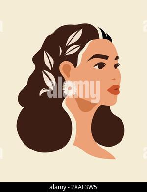 Romantic Asian woman portrait elegant flower hairstyle natural beauty paint hand drawn vector flat illustration. Beautiful mixed race young female fac Stock Vector