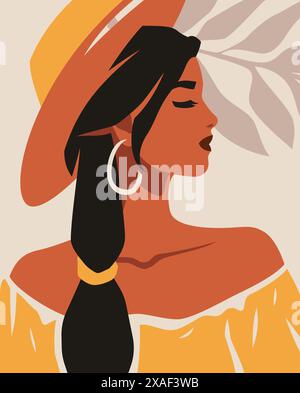 Romantic African black tan summer yellow woman portrait vintage tropical background poster vector flat illustration. Elegant fashion Afro female dress Stock Vector