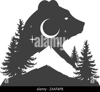 Bear mountain night forest spruce camping double exposure effect monochrome vintage logo design vector illustration. Nature expedition travel adventur Stock Vector