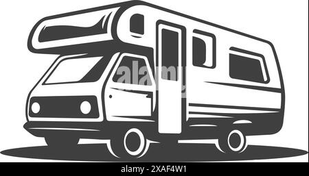 Camper van RV summer camping travel vacation trip comfortable truck car isometric icon vintage vector illustration. Camp family automobile transportat Stock Vector
