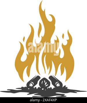 Camping bonfire with firewood golden burning flame sparkles vintage icon design vector isometric illustration. Camp campfire blaze light with woods ou Stock Vector