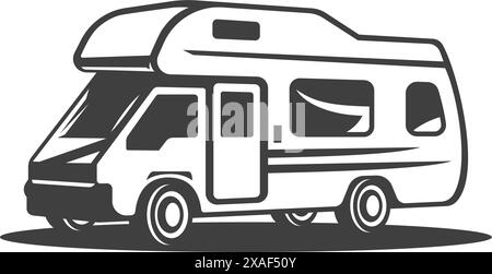Camper motorhome road trip RV transportation van truck family summer vacation isometric vintage icon vector illustration. Camping car comfort accommod Stock Vector