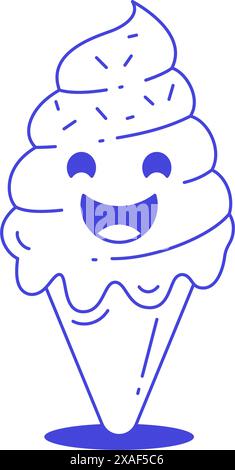 Funny ice cream cone cartoon character hand drawn sketch retro 30s animation style line art icon vector illustration. Smiling summer melting creamy de Stock Vector