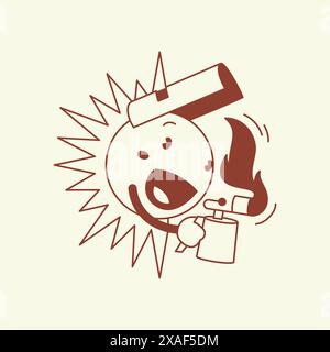 Funny sun character in face protective shield gas burner comic mascot retro 30s animation style line art icon vector illustration. Cute sunny emoticon Stock Vector
