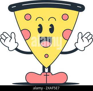 Funny pizza triangle piece astonished face cartoon character comic mascot retro 30s animation style icon vector flat illustration. Cute surprised fast Stock Vector