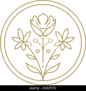 Flower botanical spring blossom aesthetic line art circle frame vintage icon vector illustration. Floral botany summer bloom plant leaves stem beauty Stock Vector