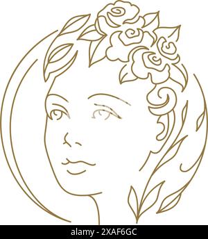 Beautiful romantic woman face with flowers and leaves circle minimal line logo for beauty vector illustration. Elegant aesthetic female portrait monoc Stock Vector