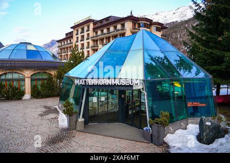 Entrance of the Matterhorn Museum Zermatlantis in the city center of the car-free ski resort of Zermatt in the Canton of Valais, Switzerland Stock Photo