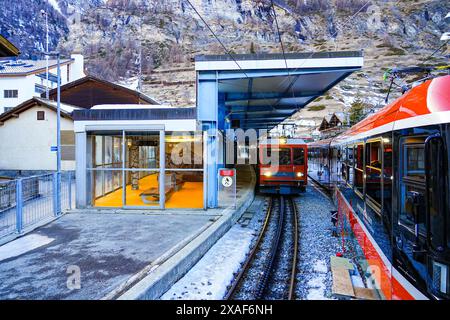 Cogwheel train locomotive in the Gornergrat Railway train station in Zermatt, Canton of Valais, Switzerland Stock Photo