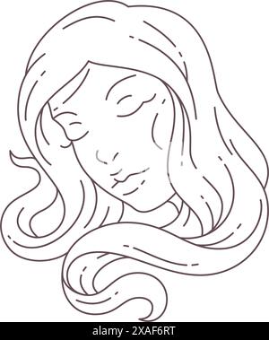 Beauty female with long hair minimal monochrome line art logo for coiffure vector illustration. Romantic fashion woman portrait icon for hairstyle hai Stock Vector