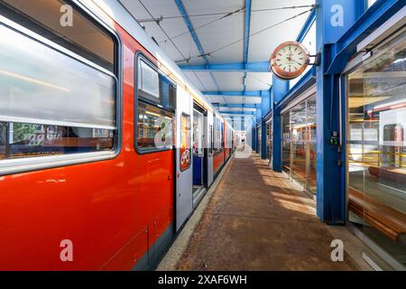 Cogwheel train locomotive in the Gornergrat Railway train station in Zermatt, Canton of Valais, Switzerland Stock Photo