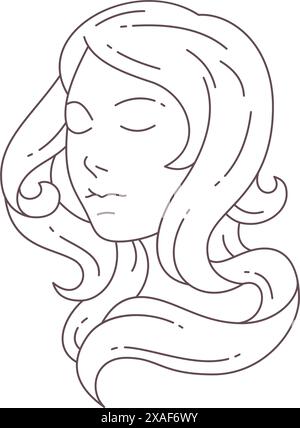Elegant female portrait with beautiful long hair minimalist line art logo for hairdressing vector illustration. Woman face curved hairstyle monochrome Stock Vector