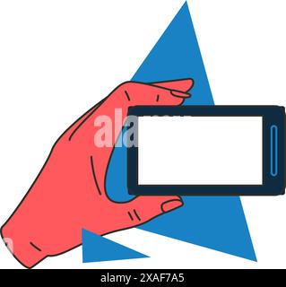 Woman hand holding smartphone with empty screen multimedia social networks concept icon vector flat illustration. Human arm with mobile phone display Stock Vector