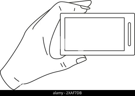 Human hand holding smartphone screen mobile phone internet media minimal line art icon vector illustration. Woman arm with telephone cellphone display Stock Vector