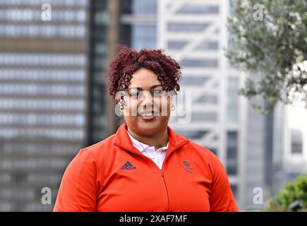 City Of London, Gbr. 06th June, 2024. City of London. GBR. 06 June 2024. TeamGB weightlifting team announcement. 250 bishopsgate. City of London. Emily Campbell (Team GB selected weightlifting athlete) during the Team GB Weightlifting Team Announcement for the Paris24 Olympics at Nat West, 250 Bishopsgate, London, UK. Credit: Sport In Pictures/Alamy Live News Stock Photo