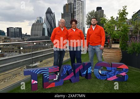 City Of London, Gbr. 06th June, 2024. City of London. GBR. 06 June 2024. TeamGB weightlifting team announcement. 250 bishopsgate. City of London. (l to r) Mark England (Team GB Chef de Mission), Emily Campbell (Team GB selected weightlifting athlete) and Stuart Martin (British Weightlifting, Head of Performance) during the Team GB Weightlifting Team Announcement for the Paris24 Olympics at Nat West, 250 Bishopsgate, London, UK. Credit: Sport In Pictures/Alamy Live News Stock Photo