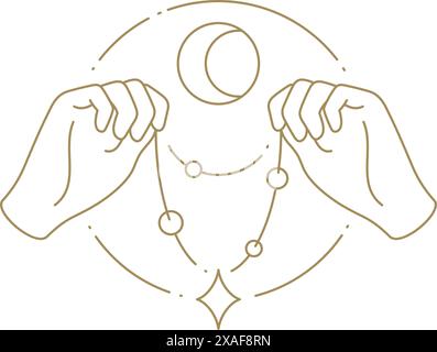 Human hands holding jewelry gem decorative premium necklace esoteric half moon circle frame line icon vector illustration. Minimalist spiritual emblem Stock Vector