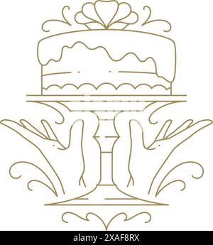 Human hands holding elegant premium cake on stand decorated by blossom flower golden line icon vector illustration. Romantic bakery sweet dessert luxu Stock Vector