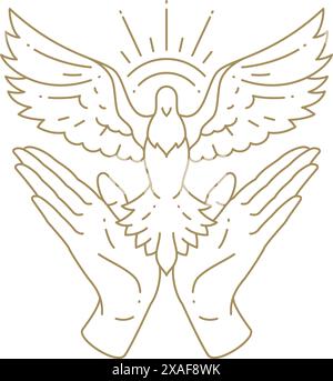 Human palms holding flying pigeon with sun light symbol esoteric freedom love wellness line icon vector illustration. Hands with winged bird mindfulne Stock Vector