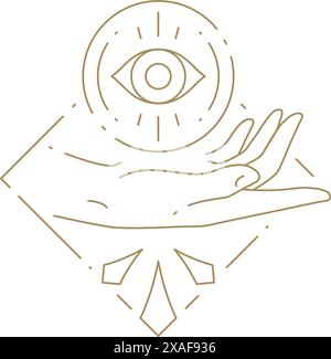 Minimalist human hand holding circle all seeing eye relax meditation harmony mindfulness line icon vector illustration. Monochrome golden arm esoteric Stock Vector