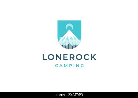 Mountain glacier half moon logo design template for camping expedition vector flat illustration. Natural geology formation rock cliff blue emblem hiki Stock Vector