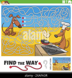Cartoon illustration of find the way maze puzzle activity game with dogs animal characters Stock Vector