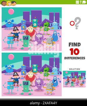 Cartoon illustration of finding the differences between pictures educational activity with fantasy characters group Stock Vector