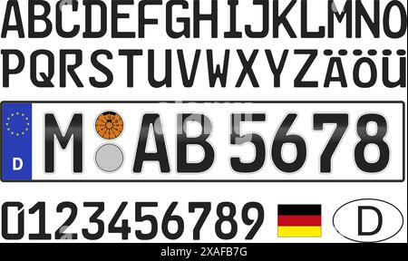 Germany car license plate sample, numbers, letters and symbols, vector illustration Stock Vector