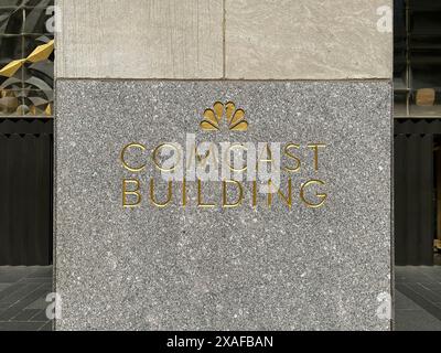 Comcast Building with NBC peacock logo etched in granite on building exterior, New York City, New York City, USA Stock Photo