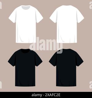 Blank black and white t shirts with short sleeves templates. Front and back view. Vector illustration Stock Vector