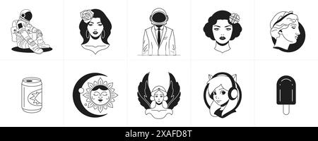 Trendy surreal monochrome line cartoon characters groovy icon set vector illustration. Retro psychedelic stickers astronaut vintage woman sculpture so Stock Vector