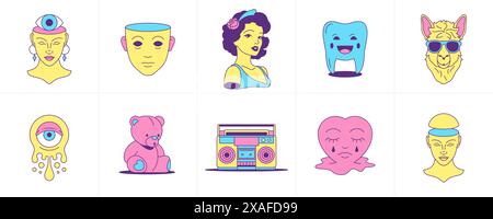 Surreal trendy cartoon characters psychedelic emoji sticker groovy icon set vector flat illustration. Funky comic elements and symbols retro woman too Stock Vector