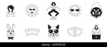 Monochrome retro groovy stickers cartoon characters and elements line icon set vector illustration. Surreal psychedelic trendy emblem music woman sun Stock Vector