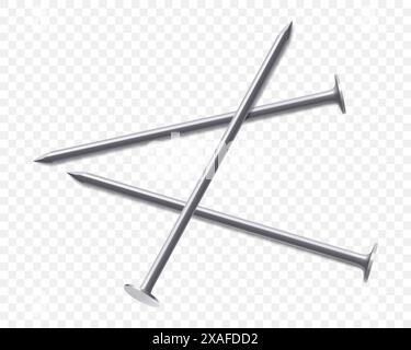 Set of metallic nails isolated on white background. Realistic 3d vector . Nails in different angles, isometric illustration. Industrial equipment or t Stock Vector
